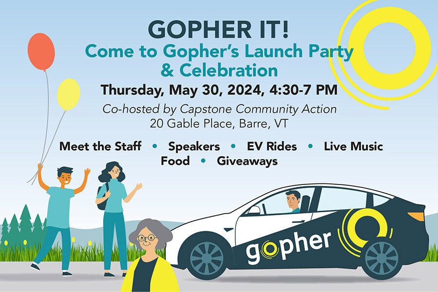 People standing outside posing with GOPHER branded vehicle