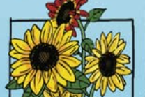 Illustration of vibrant sunflowers with a red flower against a blue background.