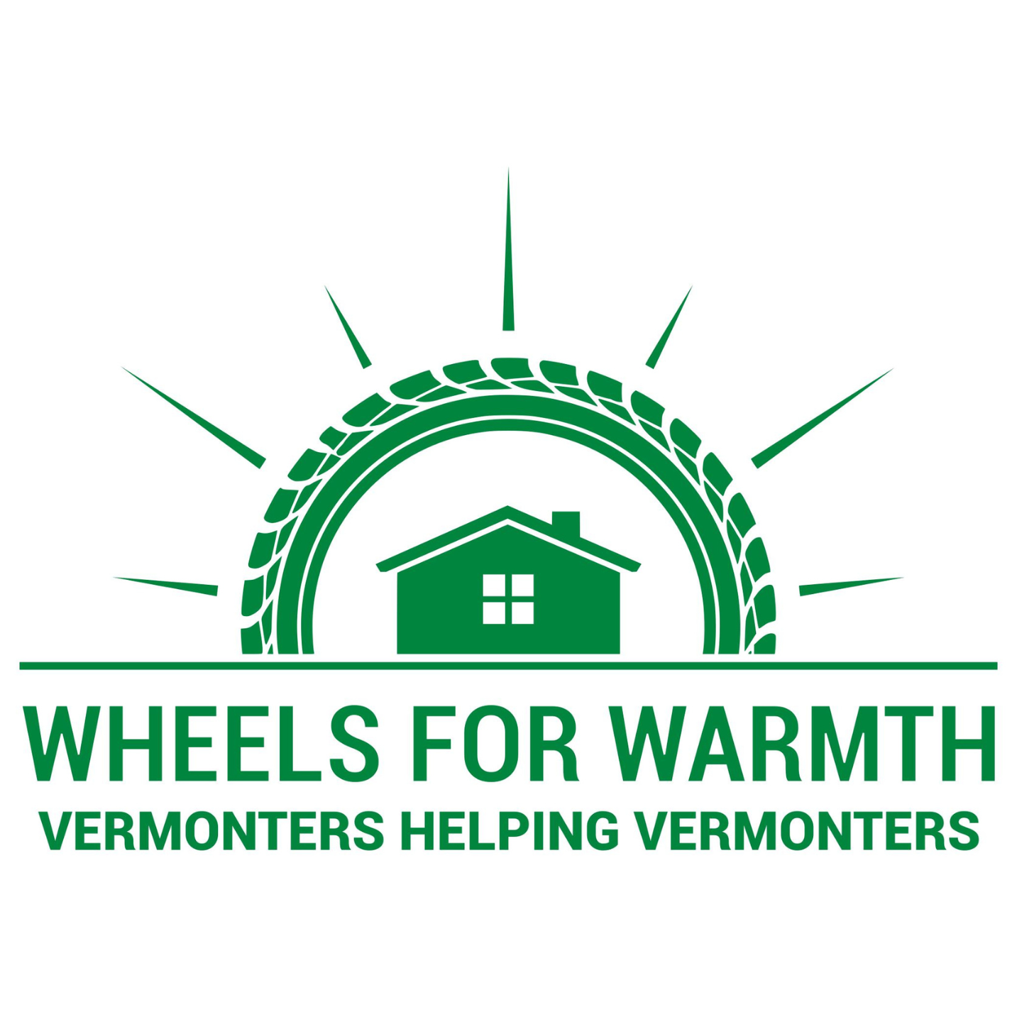 Logo for "Wheels for Warmth," featuring a house with a tire and sun design.