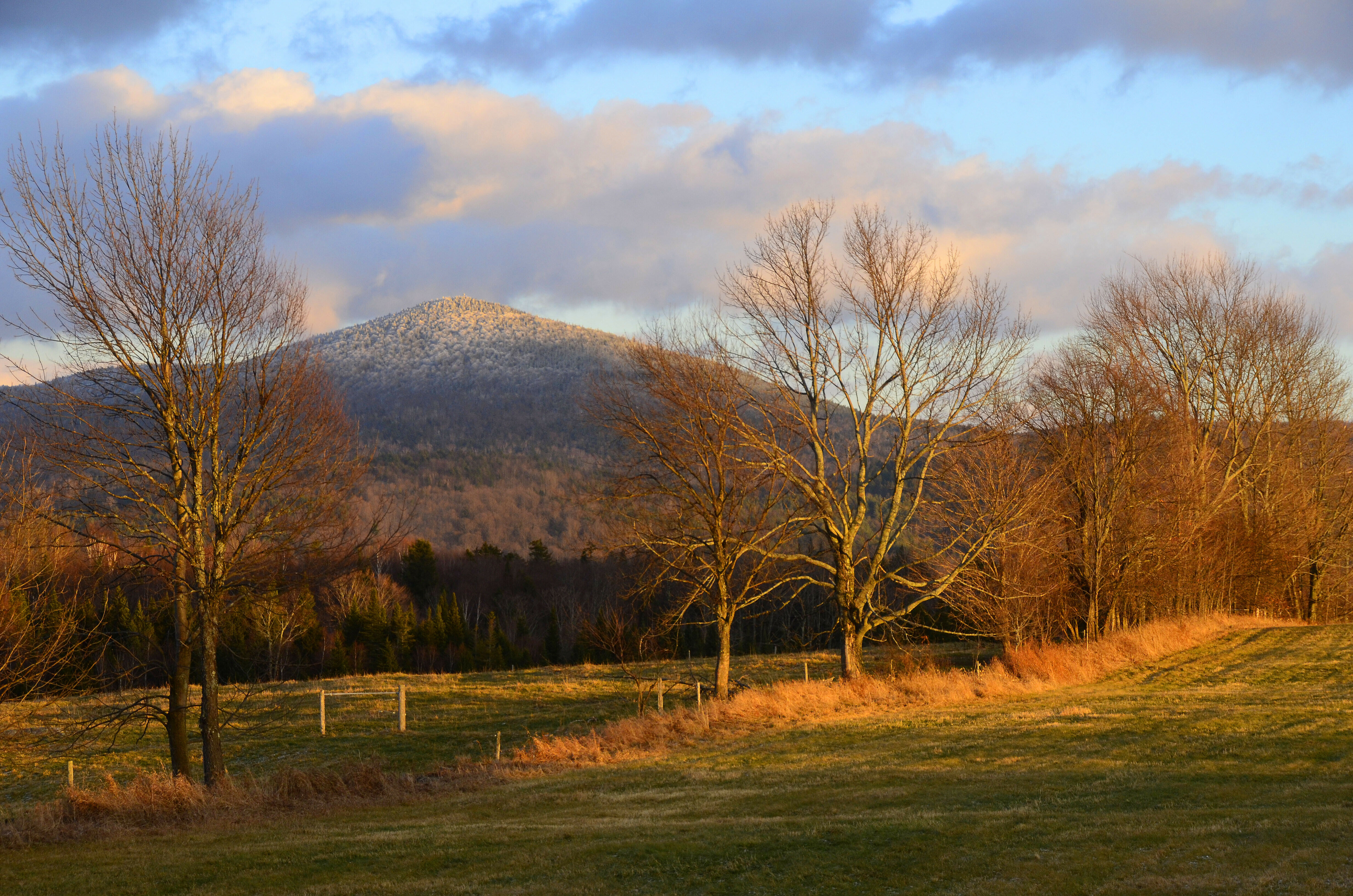 Snow-capped mountain in Vermont rises above bare trees at sunset, with grass in the foreground.