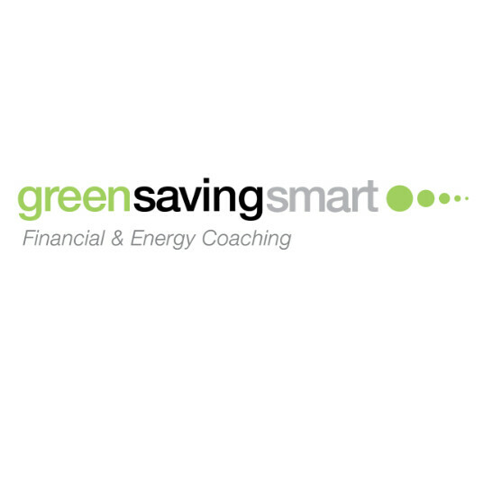 Green Saving Smart logo; lime green, black and grey writing with five lime green dots of various sizes
