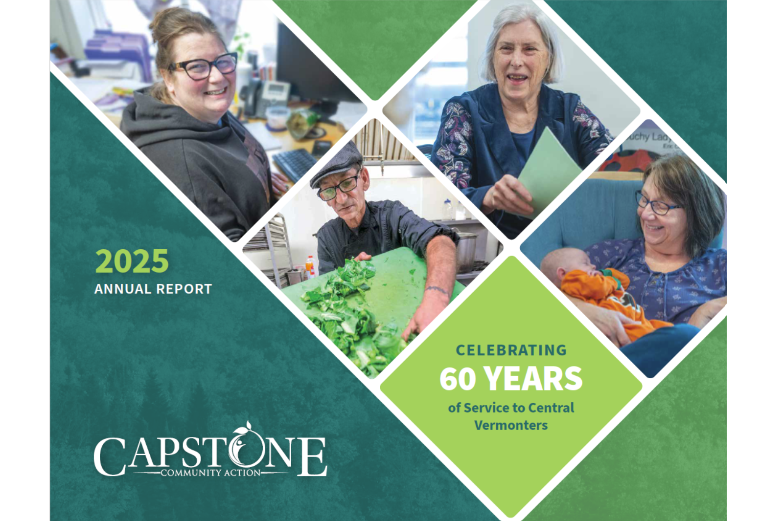 Collage of smiling people from various activities, including working at a desk, cooking, reading, and holding a baby. Text: "2025 Annual Report" and "Celebrating 60 Years of Service to Central Vermonters" by Capstone Community Action.