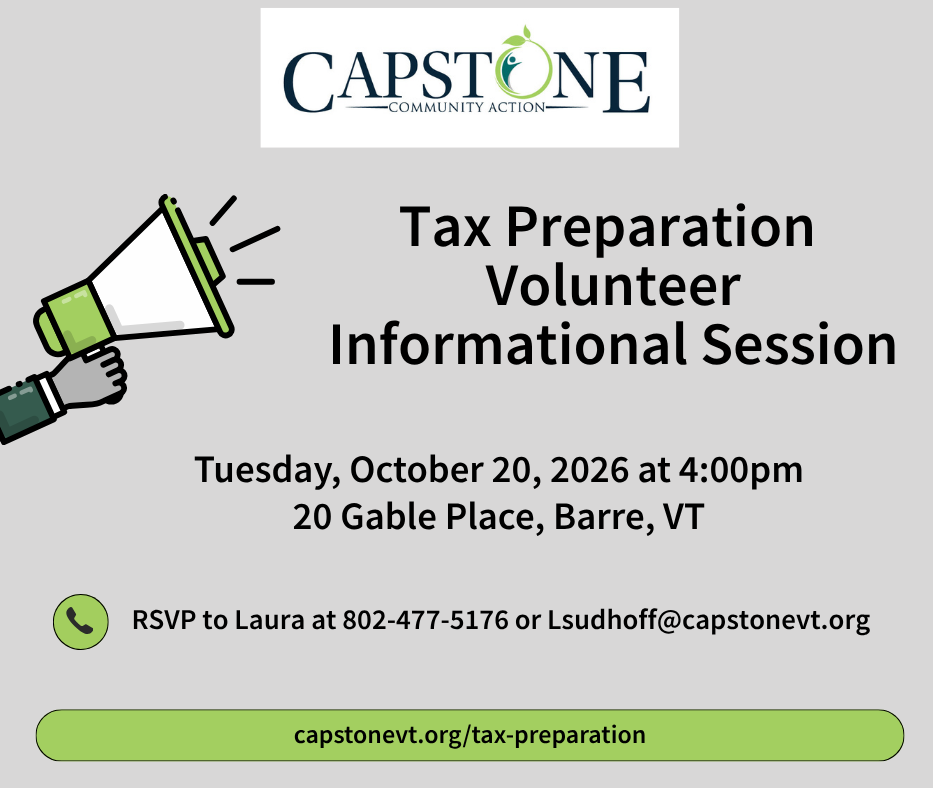 Tax preparation volunteer info session on Oct 20, 2026, at 4 PM, Barre, VT. RSVP details included.