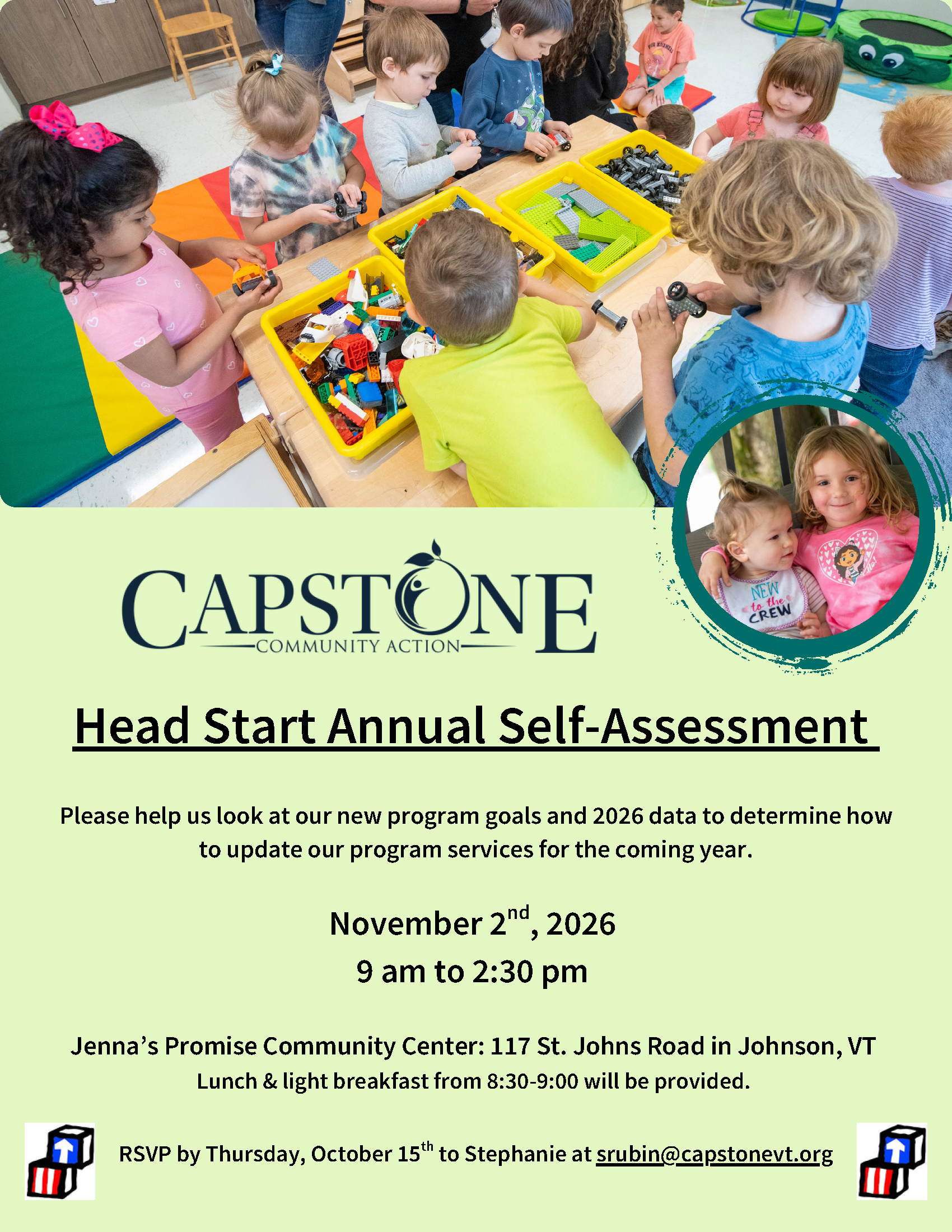 Children playing with toys at a community event for Capstone's Head Start program.