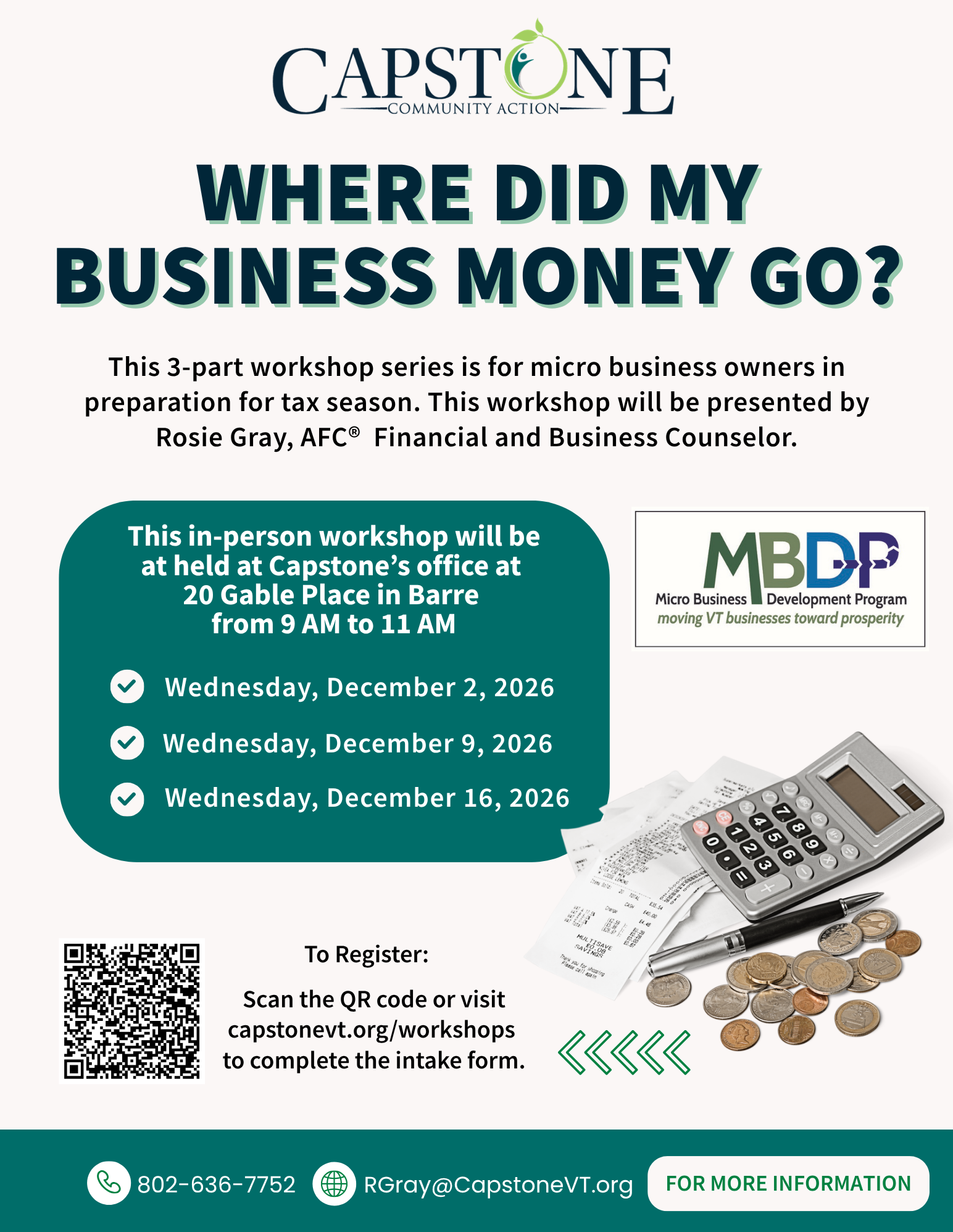 Workshop series on business finances by Capstone Community Action, December 2026, Barre, VT.