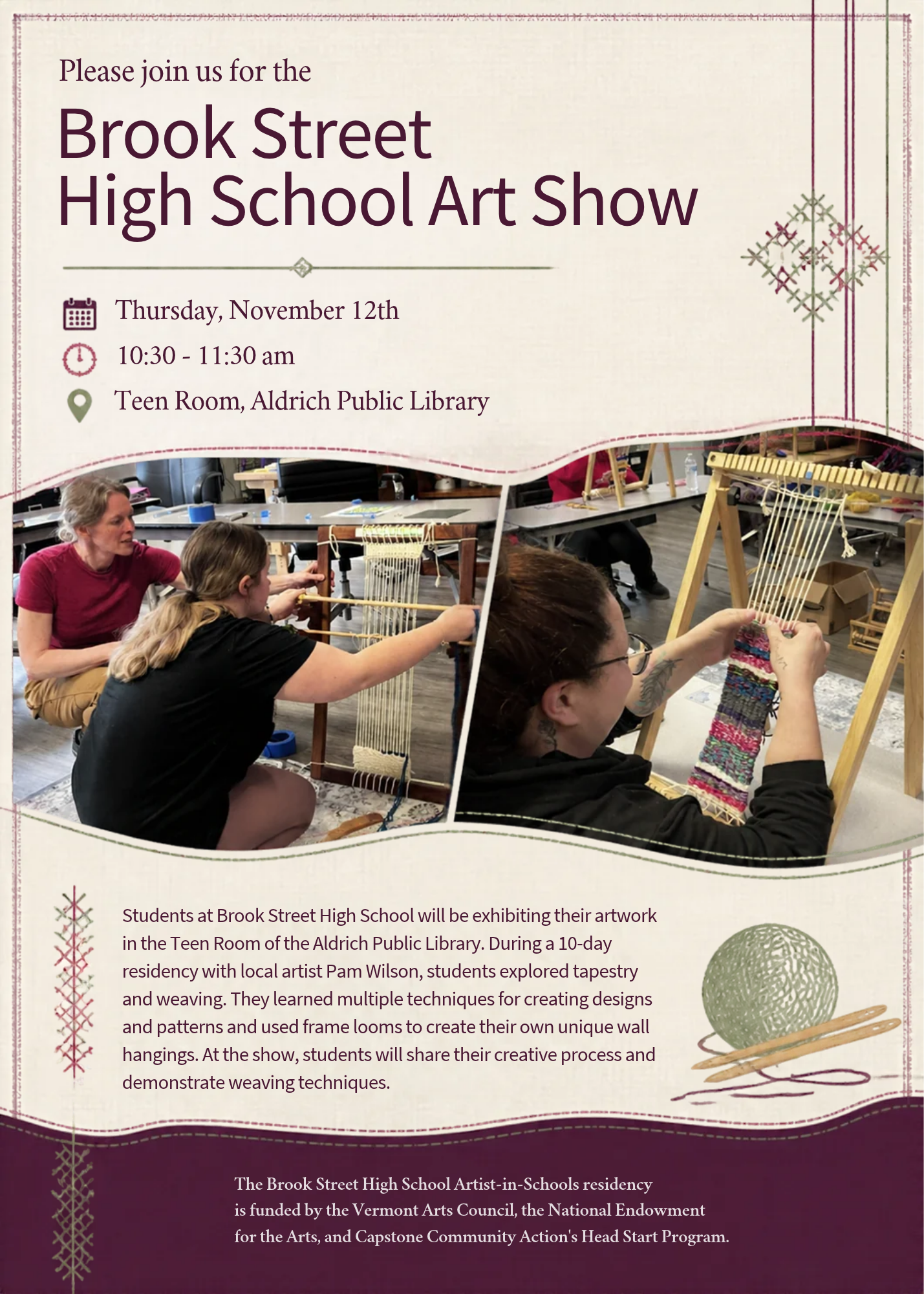 Art show invitation featuring students weaving and artwork display details.