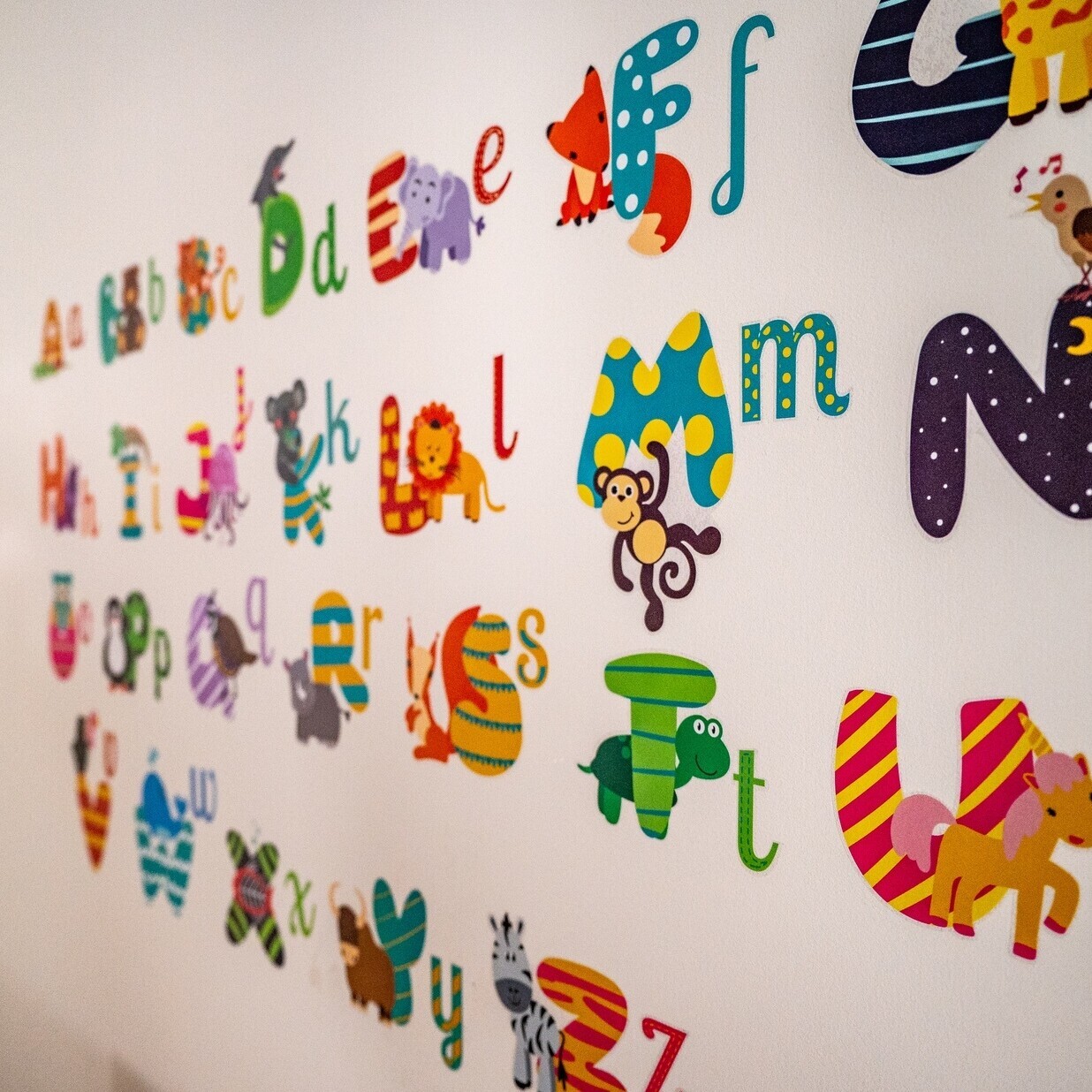 Colorful alphabet stickers on a wall 