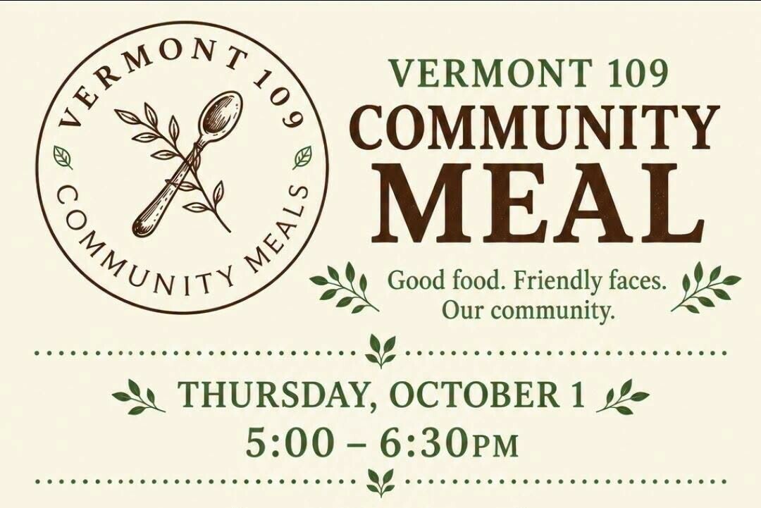 Vermont 109 Community Meal poster with menu and details for October 1 event.